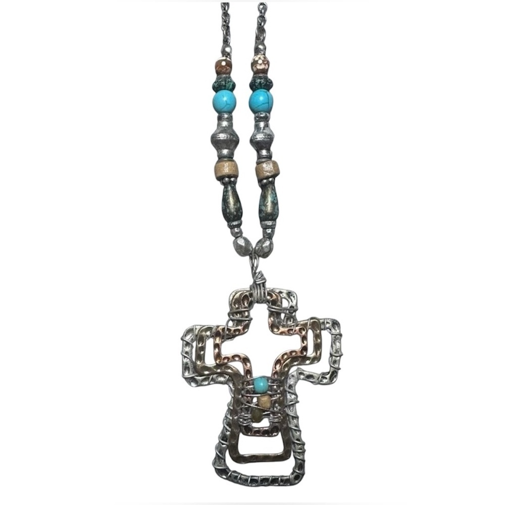 Cross Beaded Necklace Turquoise Beads Boho Southwestern Statement